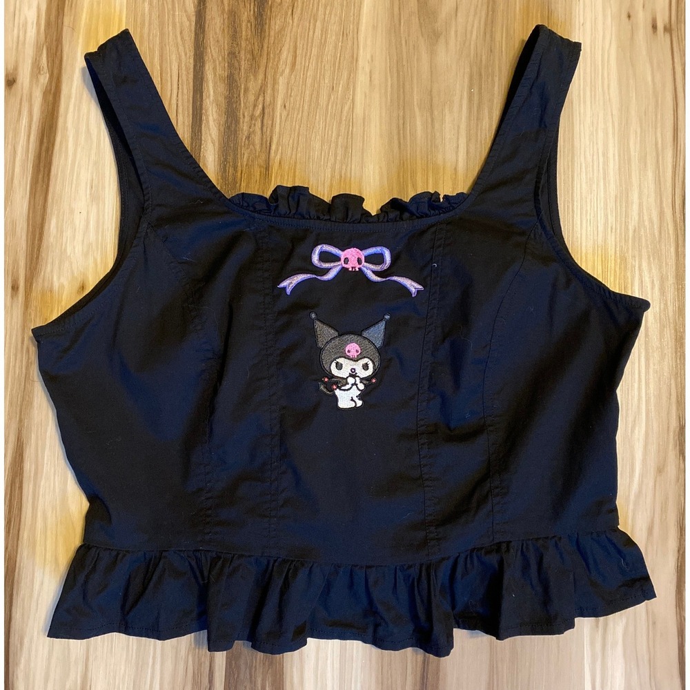 Sanrio Kuromi Embroidered Ruffle‎ Crop Top Corset Black Lace Up Back Medium